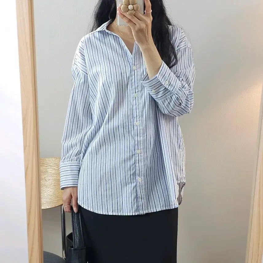 [BUNJANG] Earth Music & Ecology Striped Long Sleeve Shirt / (F)어스뮤직 일본빈티지 여성 긴팔 셔츠 스트라이프 L8W4414