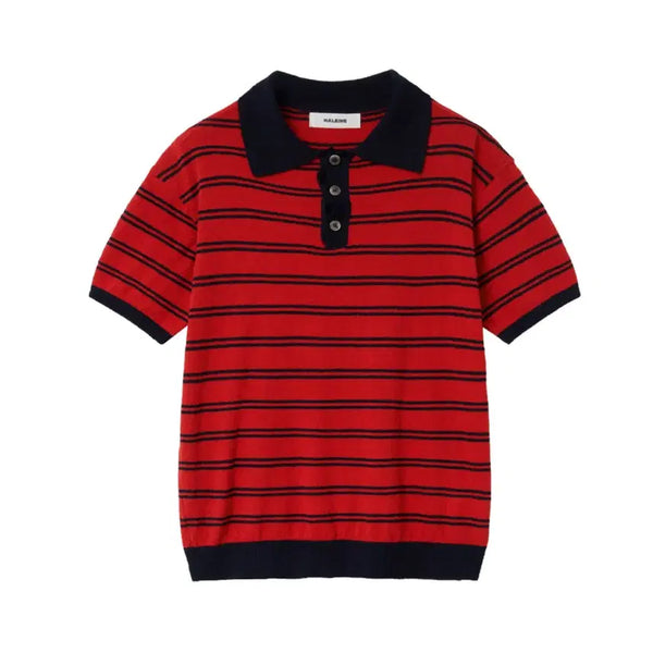 [BUNJANG] Allenne Striped Bouclé Polo Short-Sleeve Knit Red Navy / (2) 알렌느 스트라이프 부클 폴로 반팔니트 레드 네이비