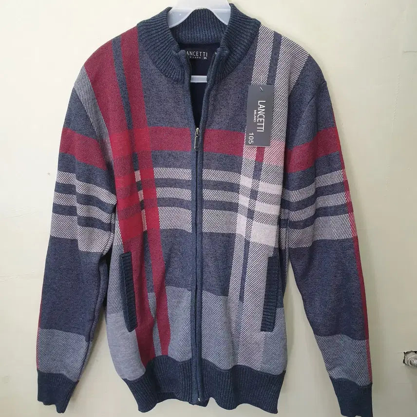[BUNJANG] LANCETTI Knit Zip-Up Cardigan Navy/Gray/Red Check Size 105 / LANCETTI 니트 집업 가디건 105