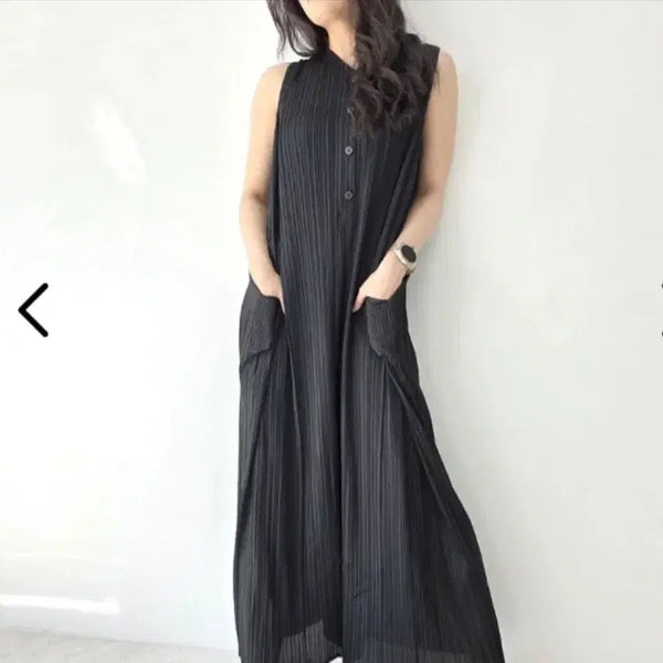 [BUNJANG] Wrinkled Sleeveless Long Jumpsuit Black / 주름 민소매 롱 점프슈트 검정