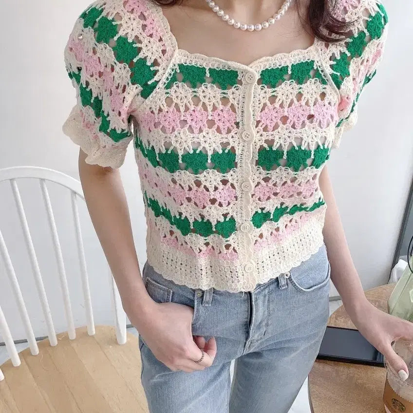 [BUNJANG] Crochet Puff Sleeve Knit Cropped Cardigan / (새상품) 크로쉐 반팔 퍼프 니트 크롭가디건