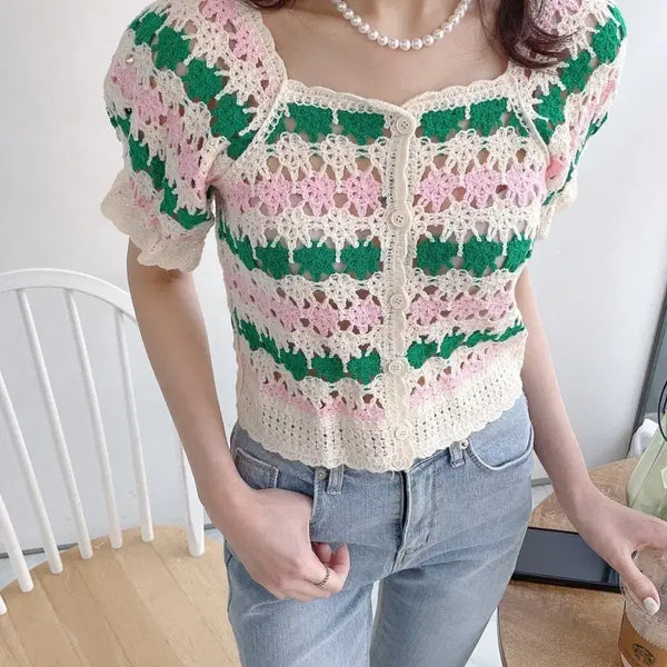 [BUNJANG] Crochet Puff Sleeve Knit Cropped Cardigan / (새상품) 크로쉐 반팔 퍼프 니트 크롭가디건