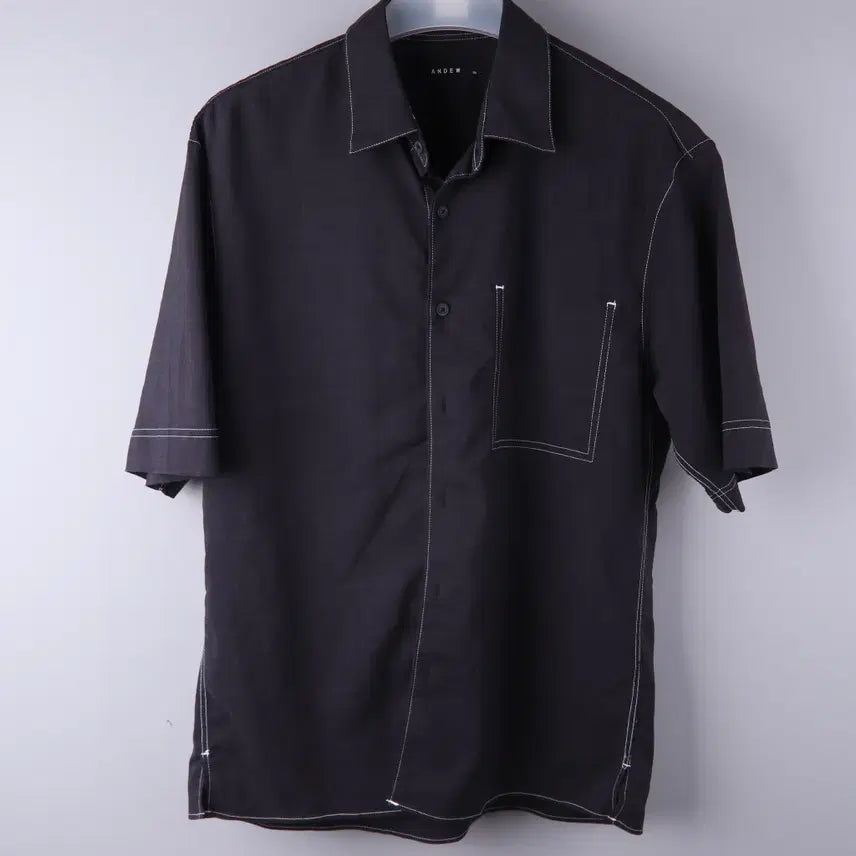 [BUNJANG] Andew Men's Linen Blend Stitch Short Sleeve Shirt (Size 100) / 앤듀 남성 레귤러핏 린넨혼방 스티치 반팔 셔츠 (100)