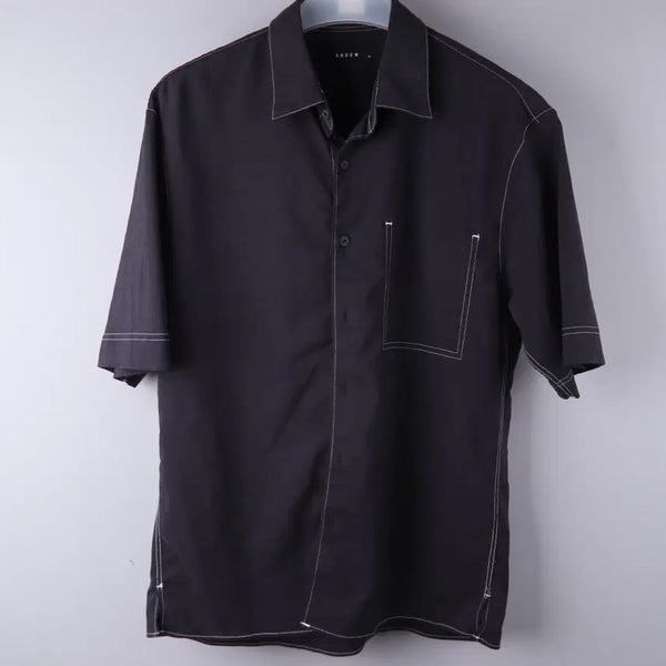 [BUNJANG] Andew Men's Linen Blend Stitch Short Sleeve Shirt (Size 100) / 앤듀 남성 레귤러핏 린넨혼방 스티치 반팔 셔츠 (100)