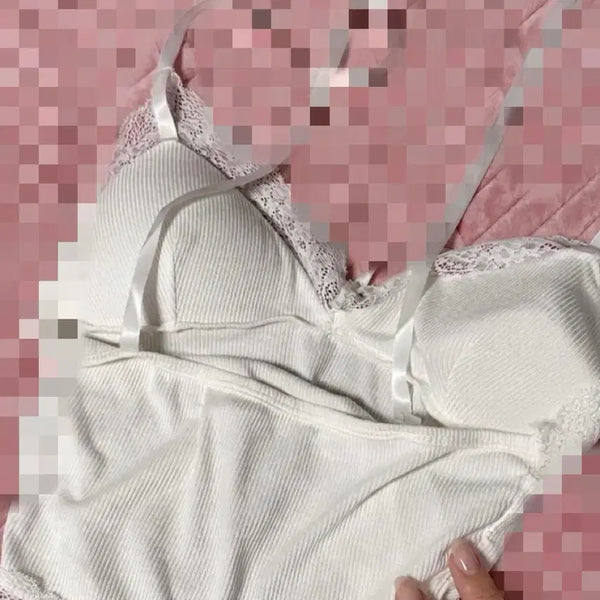 [BUNJANG] Lace Crop Top Tank Top (Built-in Cups) / 레이스 크롭탑 나시 (캡내장)