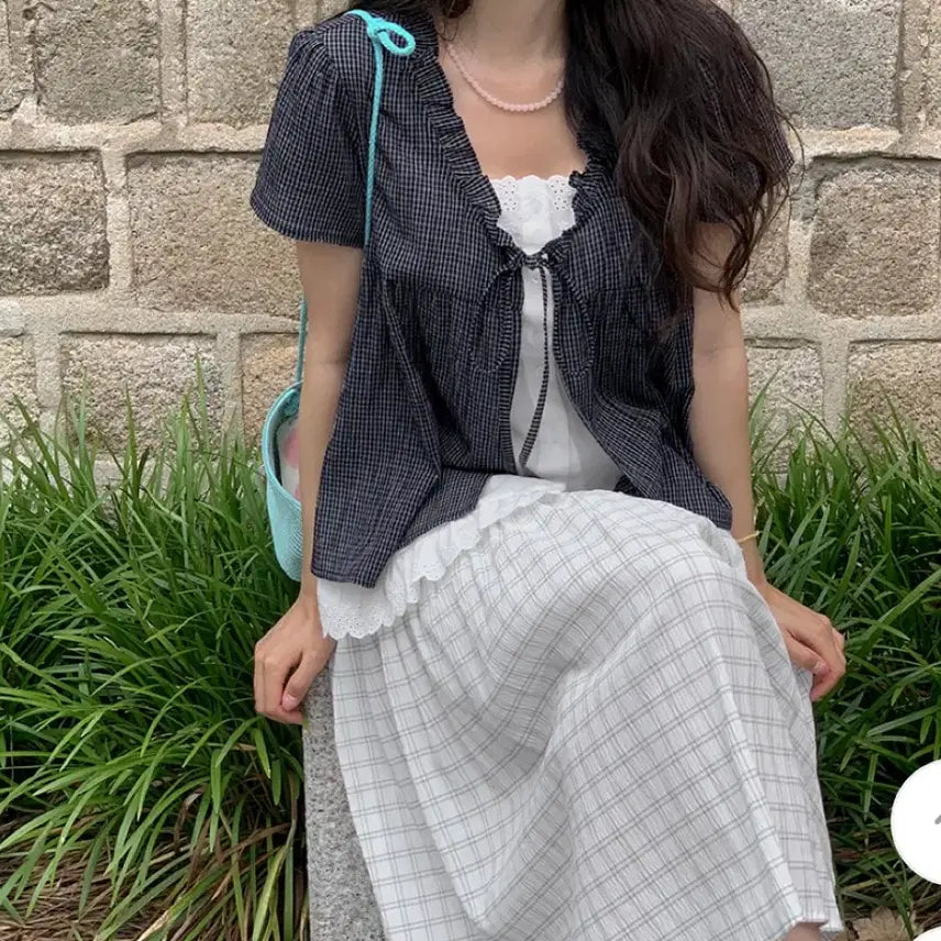 [BUNJANG] Gongu Woman Check Layered Blouse (Plus Size) / 공구우먼 체크 레이어드 블라우스 빅사이즈