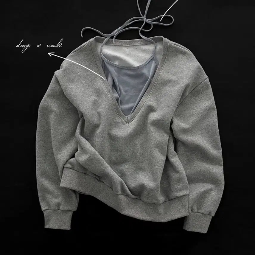 [BUNJANG] Manique Bruna Oversized Cotton Deep V-Neck Sweatshirt Grey / 매니크 브루나 오버핏 코튼 딥브이넥 맨투맨 그레이 지그재그 에이블리