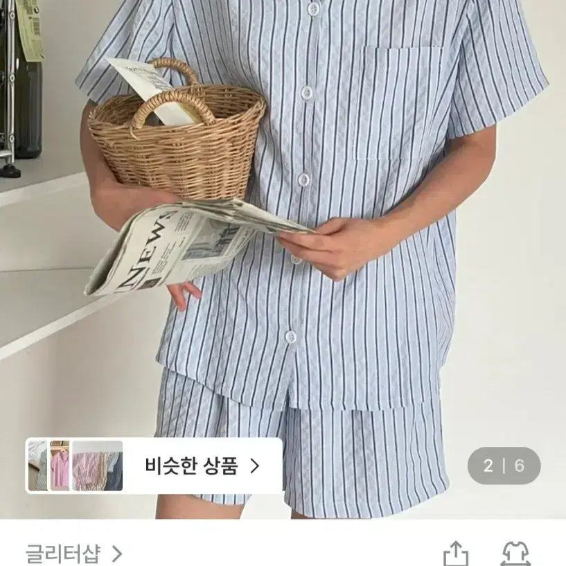 [BUNJANG] Glitter Shop Seersucker Stripe Short Sleeve Pajamas / 글리터샵 시어서커 스트라이프 반팔 잠옷 파자마