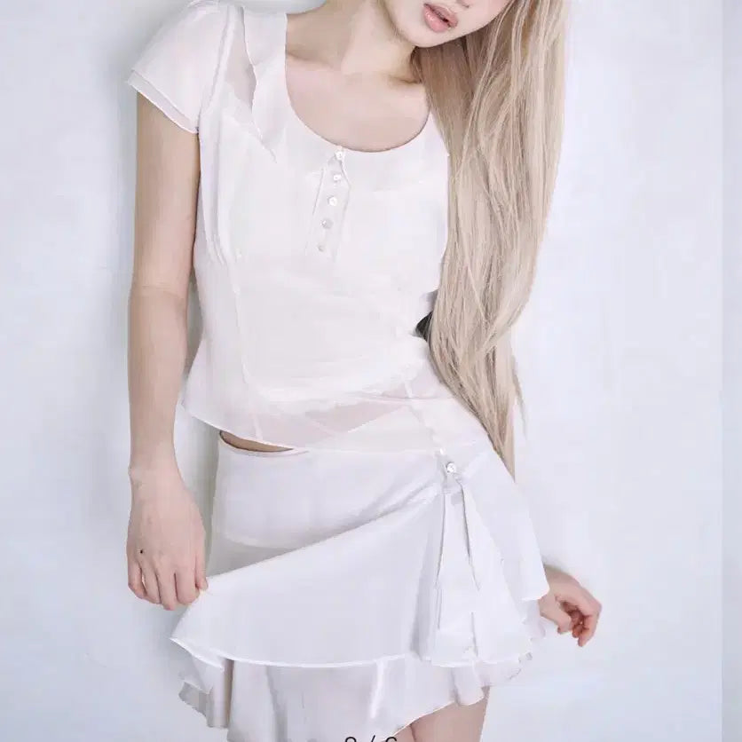 [BUNJANG] Rayzmiya Sheer Blouse Chiffon Skirt Set / 세트) 레이즈미야 시어블라우스 시폰스커트