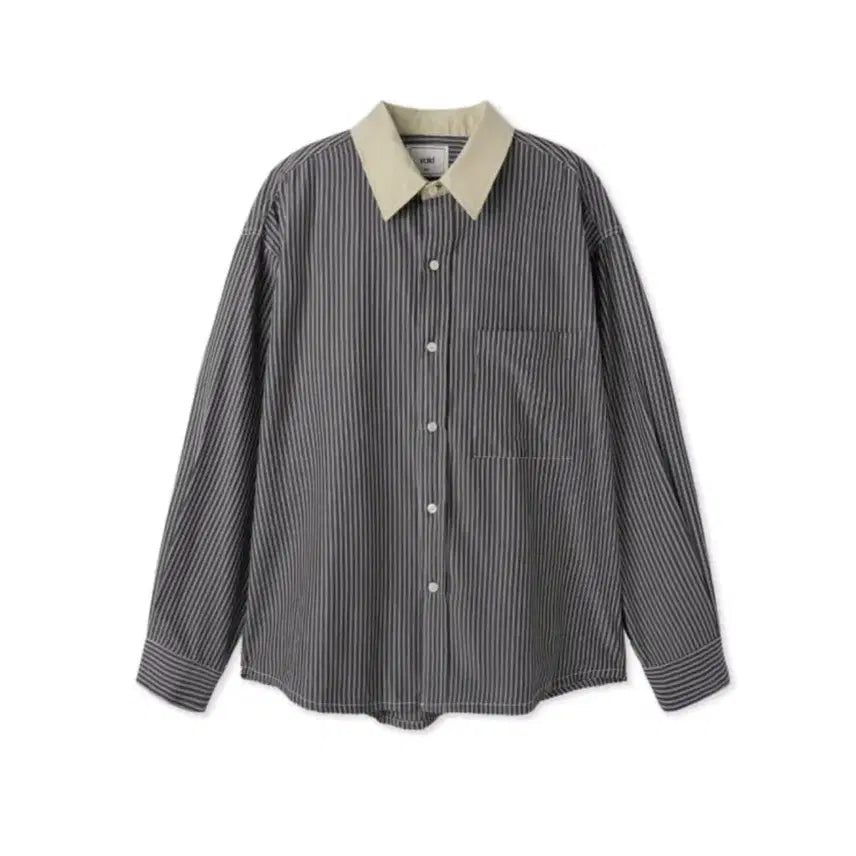 [BUNJANG] Color-Blocked Striped Collar Shirt Black / 배색 카라 줄지셔츠 블랙