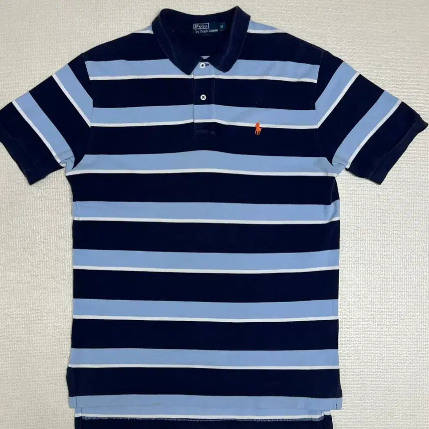 [BUNJANG] Polo by Ralph Lauren Striped Pique Polo Shirt Orange Pony M / 00s Polo by Ralph Lauren 폴로 네이비 블루 스트라이프 피케 폴로셔츠 M / 오렌지 포니