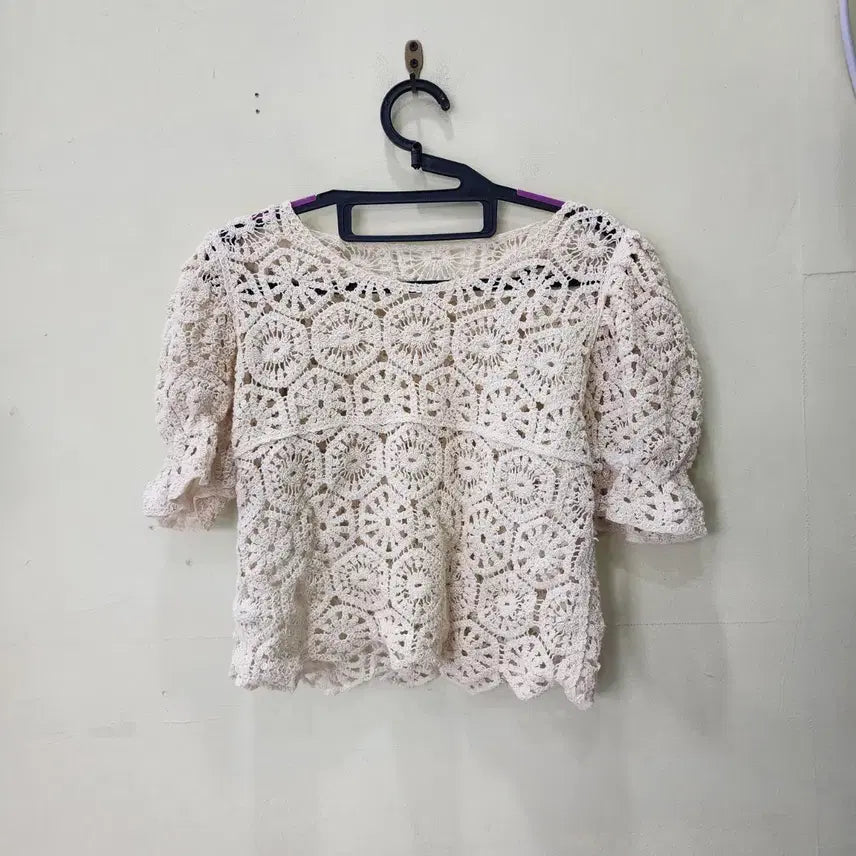 [BUNJANG] Move Brand Crochet Short Sleeve Knit Free Size Beige / 무브랜드 크로셰 반팔 니트 Free