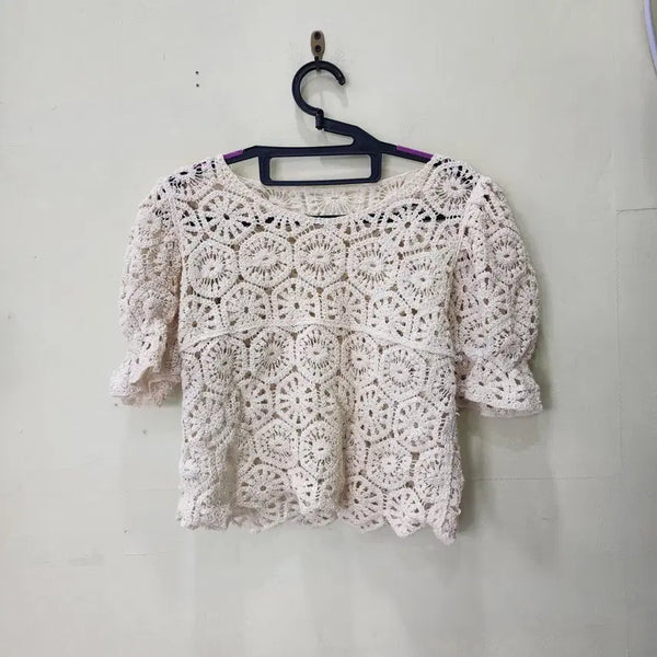 [BUNJANG] Move Brand Crochet Short Sleeve Knit Free Size Beige / 무브랜드 크로셰 반팔 니트 Free