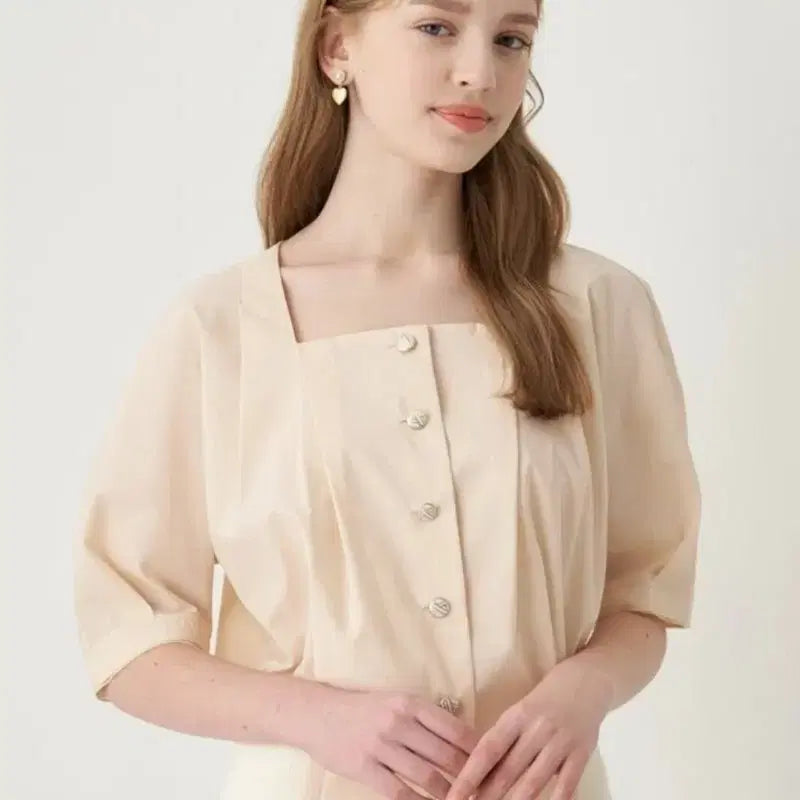 [BUNJANG] SJSJ Square Neck Puff Sleeve Blouse Beige / 한섬 sjsj 블라우스