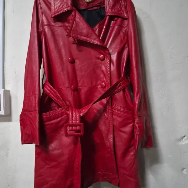 [BUNJANG] Dark Red Lambskin Trench Coat with Belt Set / Une 레드 양가죽 트렌치 코트