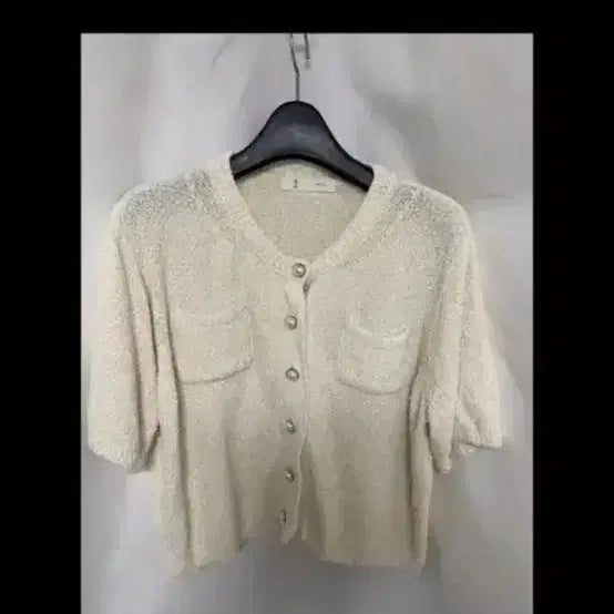 [BUNJANG] Women's Boucle Short-Sleeve Knit Cardigan with Pearl Buttons - Ivory / 여성 부클 반팔 니트 가디건 진주버튼 아이보리