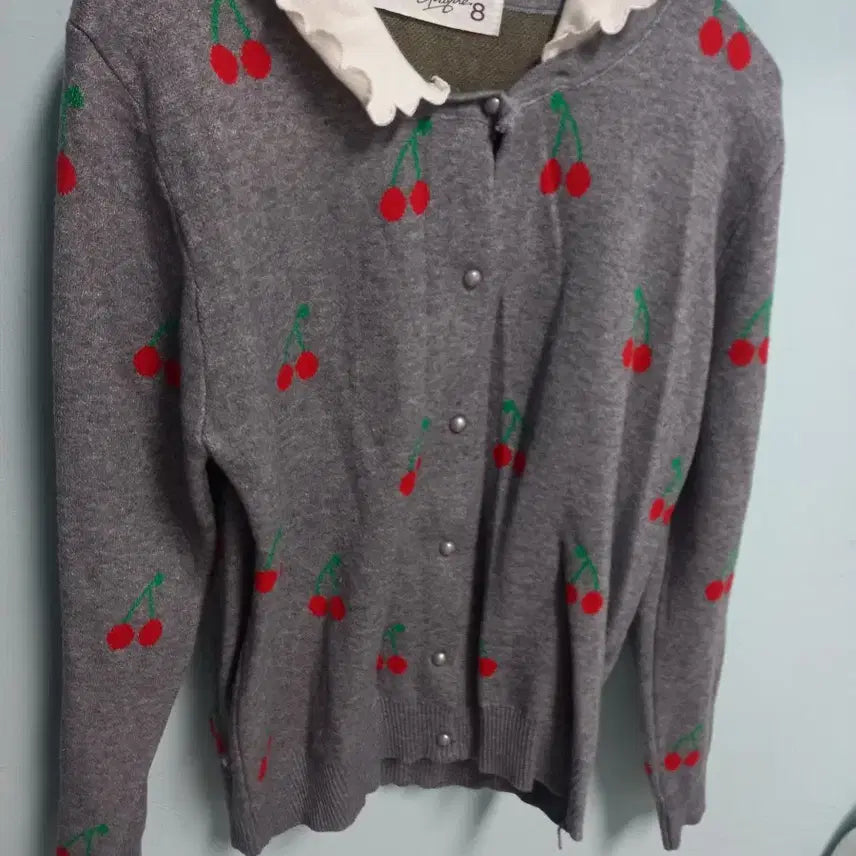 [BUNJANG] Cherry Pattern Knit Cardigan with Frill Collar / 니트가디건