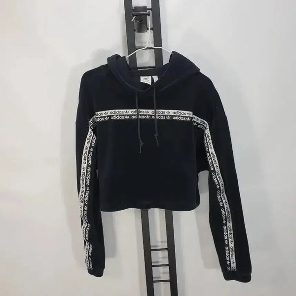 [BUNJANG] Adidas Velvet Tape Logo Cropped Hoodie Black Women's M / 아디다스 크롭 후드티 벨벳 테이프드로고 블랙 여성m