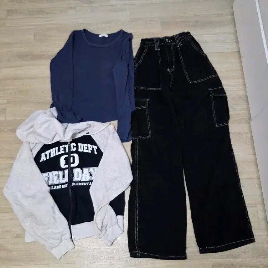 [BUNJANG] Hooded Zip-Up Sweatshirt + Long-Sleeve T-shirt + Cargo Pants Training Set / 트레이닝 세트: 후드 집업 + 긴팔 티셔츠 + 카고 바지