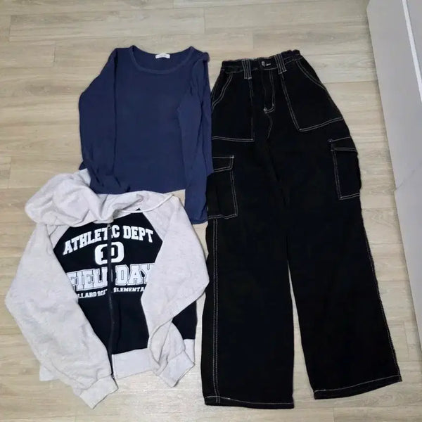 [BUNJANG] Hooded Zip-Up Sweatshirt + Long-Sleeve T-shirt + Cargo Pants Training Set / 트레이닝 세트: 후드 집업 + 긴팔 티셔츠 + 카고 바지
