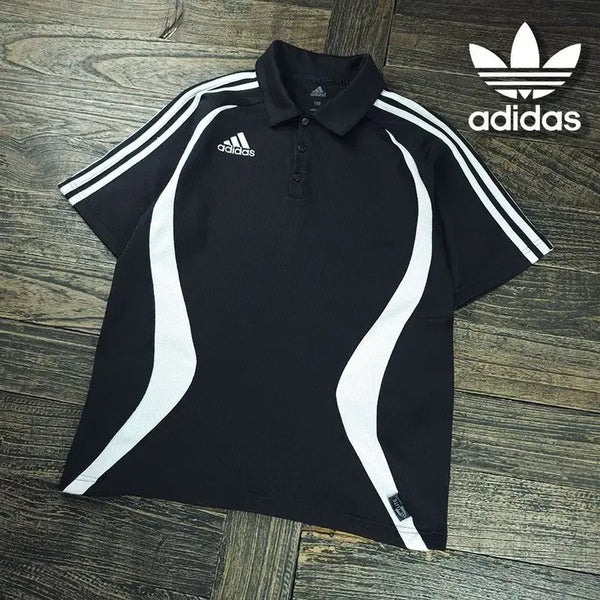 [BUNJANG] Adidas 00s Vintage Three-Stripes Wave Line Loose Fit Polo Shirt Black / 아디다스 00S 빈티지 삼선 웨이브 라인 루즈핏 카라티 블랙 M21680