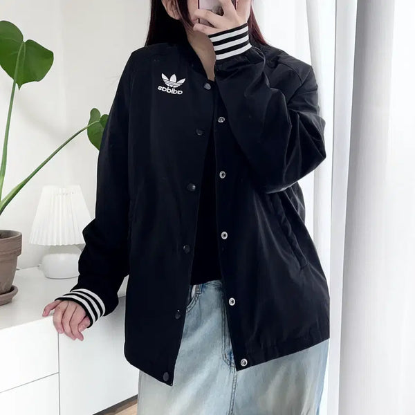 [BUNJANG] Adidas Black Trefoil Snap Button Jumper / [정품] 아디다스 블랙 트레포일 똑딱이 점퍼 [ 90 ]