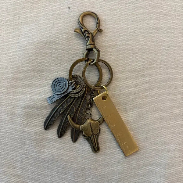 [BUNJANG] Vintage Feather Skull Brass Keyring with Ruler Charm / 빈티지 페더 스컬 브라스 키링