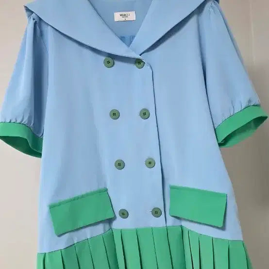 [BUNJANG] Mercy J Pastel Blue and Mint Color Block Pleated Collar Long Blouse/Mini Dress / 메르시제이