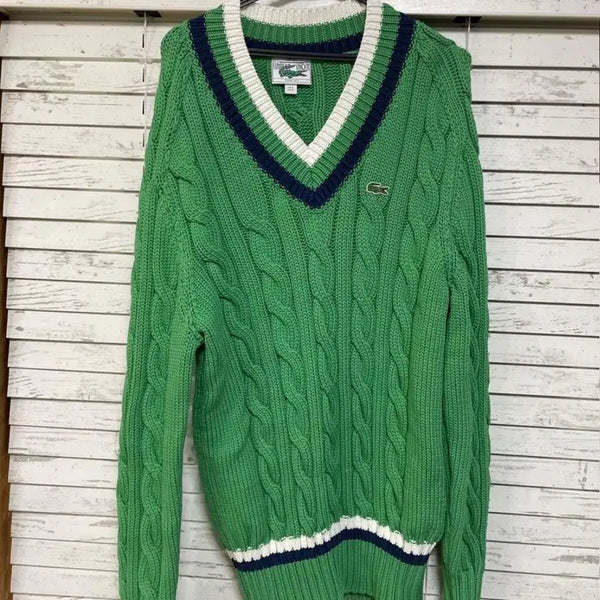 [BUNJANG] Lacoste Green V-Neck Cable Knit Sweater / 라코스테 니트 스웨터 그린