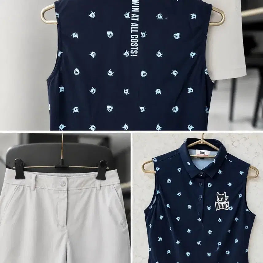 [BUNJANG] WAAC Golf Wear Navy Pattern Sleeveless Top & Beige Bottom Set / WAAC 골프웨어 네이비 패턴 민소매 상의/베이지 하의