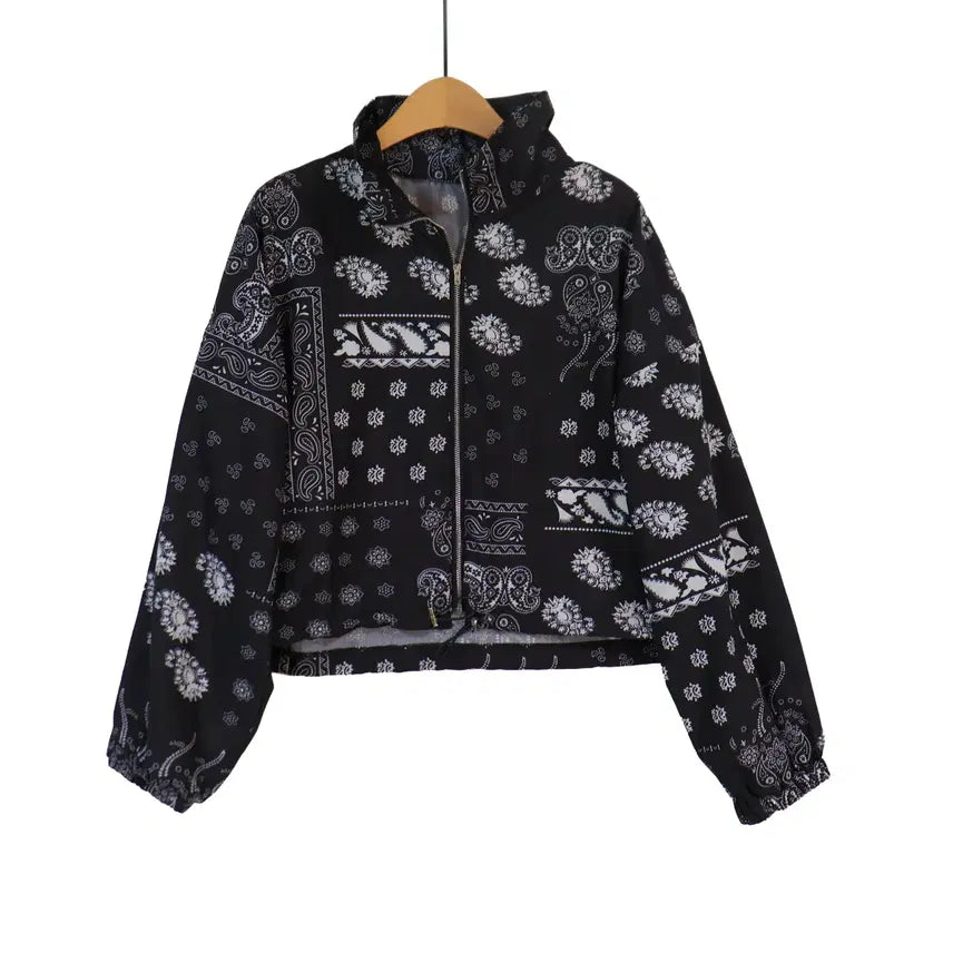 [BUNJANG] Paisley Crop Zip-Up Jumper Jacket / 페이즐리 크롭 집업 점퍼 프리 블랙 벌룬소매 캐주얼 자켓