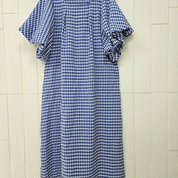 [BUNJANG] Balloon Sleeve Blue Check Gauze Dress / 벌룬소매 블루체크 지지미 원피스