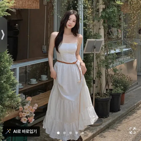 [BUNJANG] Square Neck Lace Smocked Long Camisole Dress / 스퀘어넥 레이스 스모크밴딩 롱 나시 원피스