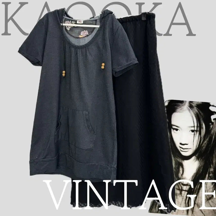 [BUNJANG] Japanese Vintage Monochrome Hooded Ethnic Hippie Short Sleeve Hood T-shirt and Long Skirt Summer Coordinate Set / 일본빈티지 무채색 후드 에스닉 히피 반팔후드 롱스커트 여름 코디세트