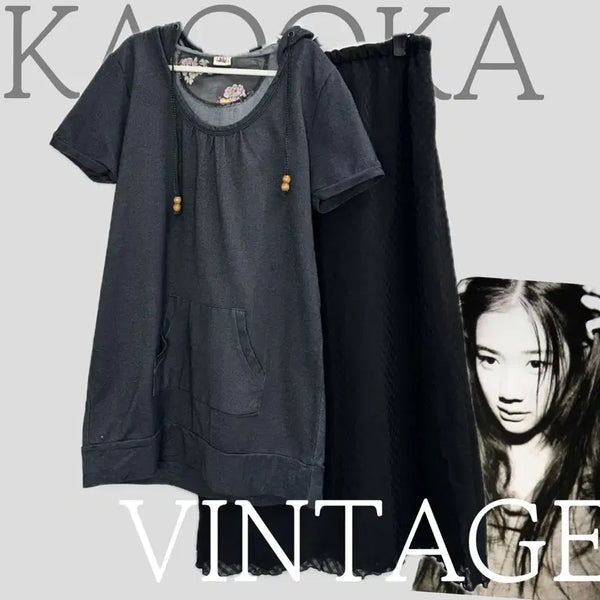 [BUNJANG] Japanese Vintage Monochrome Hooded Ethnic Hippie Short Sleeve Hood T-shirt and Long Skirt Summer Coordinate Set / 일본빈티지 무채색 후드 에스닉 히피 반팔후드 롱스커트 여름 코디세트