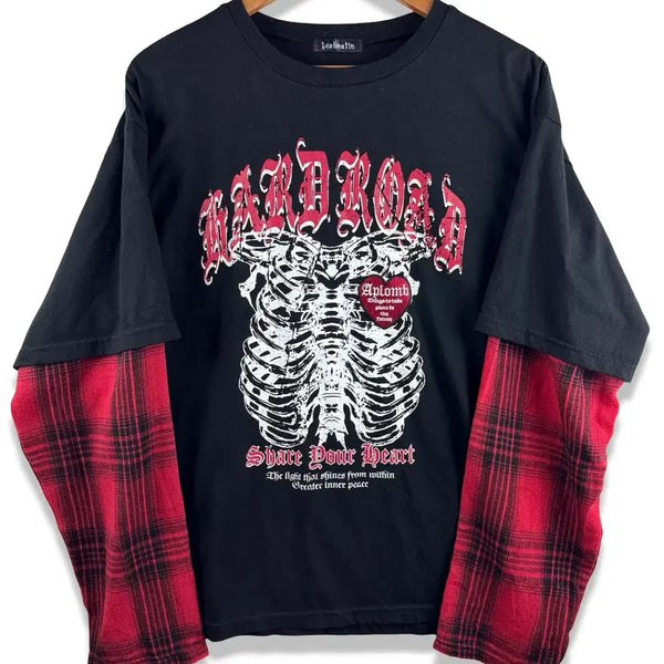 [BUNJANG] Japanese Punk Graphic Layered Long Sleeve Shirt / JPN 펑크 체크 본 그래픽 레이어드 롱슬리브4416