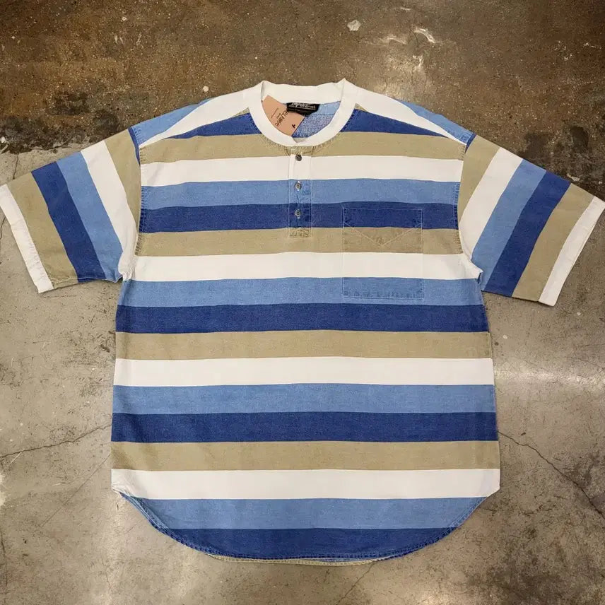 [BUNJANG] 1990s Vintage American Striped Henley T-Shirt / 90s 미국 빈티지 스트라이프 헨리넥 티셔츠 반팔티