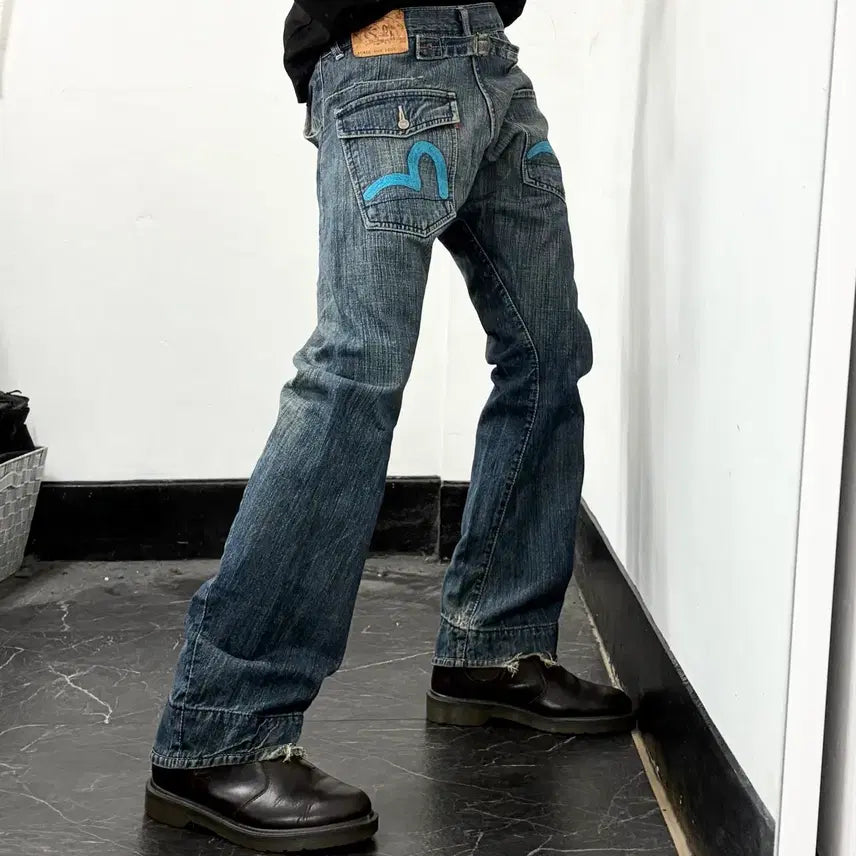 [BUNJANG] Evisu Japan Cinch Back Embroidered Denim Pants Size 30 / 에비수 재팬 신치백 자수 데님 팬츠