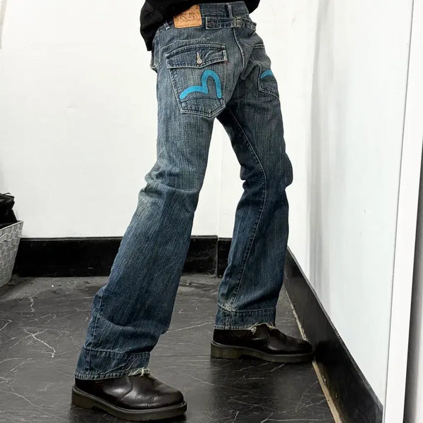 [BUNJANG] Evisu Japan Cinch Back Embroidered Denim Pants Size 30 / 에비수 재팬 신치백 자수 데님 팬츠