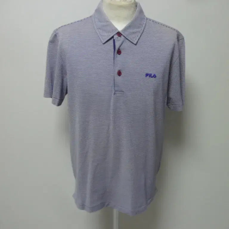 [BUNJANG] Fila Men's Golf Short Sleeve Polo Shirt - White/Purple Stripe (Size 100) / 휠라/남성/일상복/골프/반팔/카라 티셔츠/100사이즈/새제품