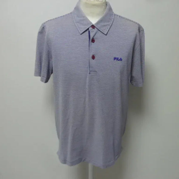 [BUNJANG] Fila Men's Golf Short Sleeve Polo Shirt - White/Purple Stripe (Size 100) / 휠라/남성/일상복/골프/반팔/카라 티셔츠/100사이즈/새제품