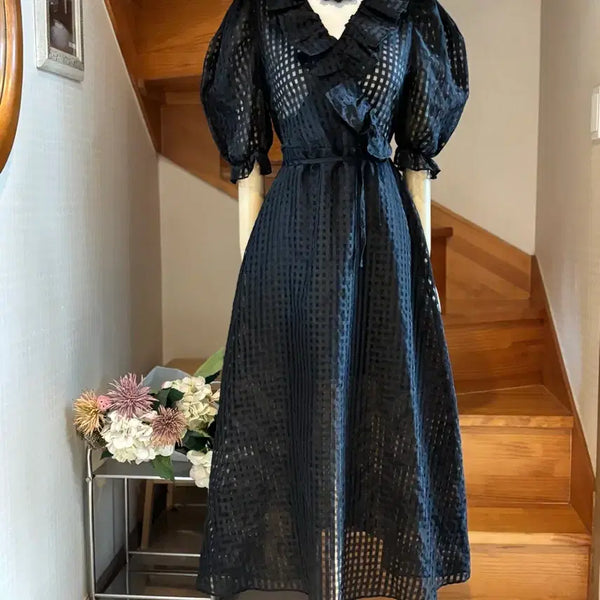 [BUNJANG] Black Check Puff Sleeve V-Neck Dress / 블랙 체크 퍼프소매 브이넥 원피스