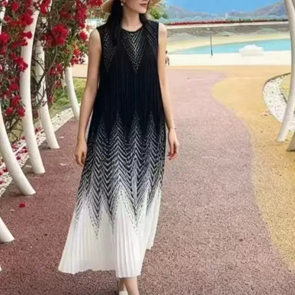 [BUNJANG] Black White Pattern Pleated Long Dress / 고급...블랙 화이트  패턴 플리츠 원피스