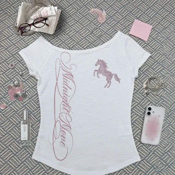 [BUNJANG] Midnight Move Horse Embroidery Short Sleeve T-Shirt - White / 미드나잇무브 말 자수 반팔-화이트 horse t-shirt