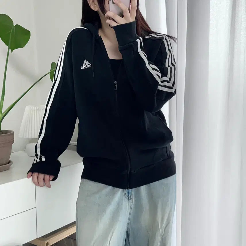[BUNJANG] Adidas Black 3S Tri-Stripe Full-Zip Hoodie - L / [정품] 아디다스 블랙 3S 삼선 후집 [ L ]