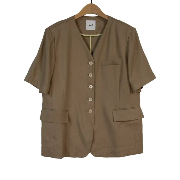 [BUNJANG] AtG Linen Short Sleeve Collarless Jacket Beige / AtG 마 린넨 반팔 자켓 77 베이지 노카라 여름자켓