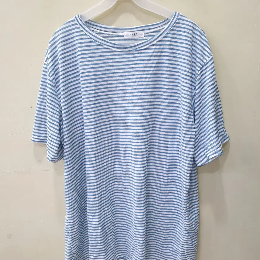 [BUNJANG] COZY White/Blue Stripe Short Sleeve T-Shirt Size 2 / COZY 반팔 화이트/블루 스트라이프 2