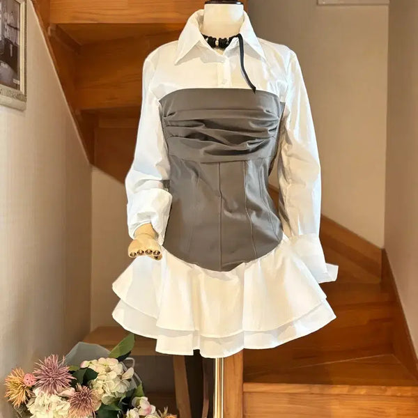 [BUNJANG] White Shirt Corset Layered Top with Frill Hem / 화이트 셔츠 코르셋