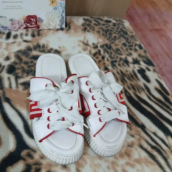 [BUNJANG] White Red Strap Platform Sandals / [245] 화이트 레드 스트랩 플랫폼 키높이 샌들