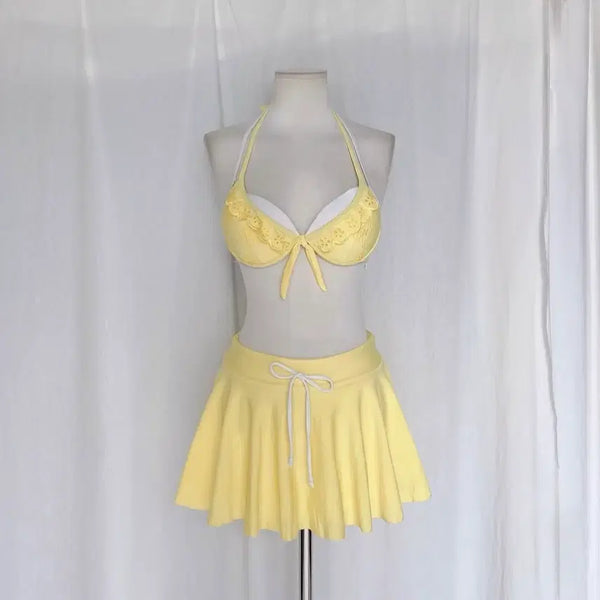 [BUNJANG] Summer Gal Style Frill Bikini Set (3pcs) / 썸머 갸루 프릴 연노랑 수영복 비키니 세트 3pcs